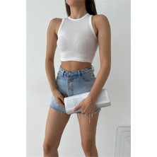 Oshebu Sıfır Kol Kaşkorse Crop Beyaz
