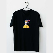 Mor Mürekkep Astronot Kedi Tasarım Baskılı Erkek Tshirt