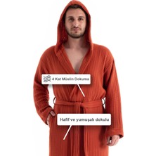 Unisex Kapşonlu 4 Kat Müslin Bornoz - Kiremit