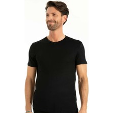 Q-En Siyah Bambu V Yaka Kısa Kol Fanila