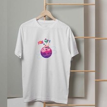 Mor Mürekkep Pembe Bayraklı Astronot Tasarım Baskılı Erkek Tshirt