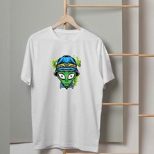 Mor Mürekkep Mavi Şapkalı Uzaylı Tasarım Baskılı Kadın Tshirt