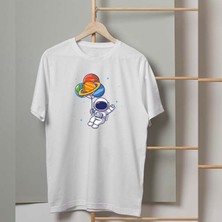 Mor Mürekkep Selam Astronot Tasarım Baskılı Kadın Tshirt