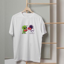 Mor Mürekkep Astronot Uzaylı Boks Tasarım Baskılı Erkek Tshirt