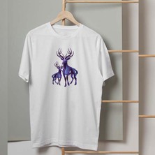 Mor Mürekkep Mor Geyikler Tasarım Baskılı Erkek Tshirt