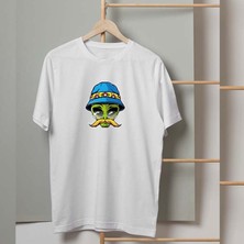 Mor Mürekkep Sarı Bıyıklı Uzaylı Tasarım Baskılı Erkek Tshirt