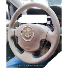 Detay Deri Direksiyon Renault Megane 2- Scenic 2 -Derisi Sökülmeden Yapılmaya Uygun Bej Noktalı Direksiyon Kılıfı