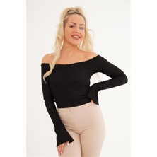 Cotton Mood 23254221 Kaşkorse Madonna Yaka Bileği Yırtmaçlı Uz. Kol Bluz Sıyah