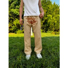 Leox Wear Minus Two Koyu Kahverengi Baskılı Baggy Unisex Kahverengi Pantolon