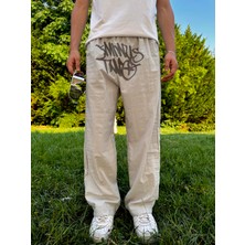 Leox Wear Minus Two Bej Baskılı Baggy Unisex Pantolon
