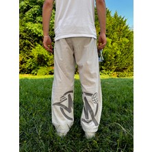 Leox Wear Minus Two Bej Baskılı Baggy Unisex Pantolon