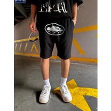 Leox Wear Corteiz Beyaz Baskılı Unisex Siyah Şort