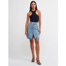 Dilvin 80548 Yanları Cepli Midi Denim Etek-Mavi