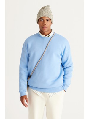 Altınyıldız Classics Erkek Açık Mavi Oversize Bol Kesim Içi Polarlı 3 Iplik Bisiklet Yaka Pamuklu Sweatshirt