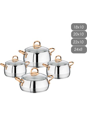 Oms 1100 8 Parça Star Çelik Tencere Seti Cam Kapaklı 4'lü Bakır