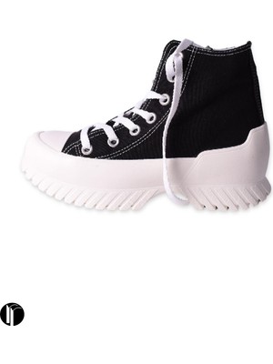 ripuvainen Kadın Siyah Rahat Kalıp Keten Bilekli Günlük Spor Kalın Tabanlı -5cm- Bağcıklı Sneaker Ayakkabı