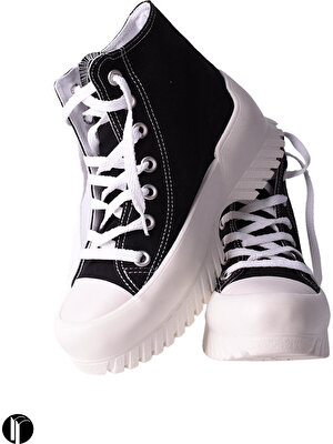 ripuvainen Kadın Siyah Rahat Kalıp Keten Bilekli Günlük Spor Kalın Tabanlı -5cm- Bağcıklı Sneaker Ayakkabı
