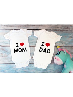 Tuğba Baby Özel Tasarım I Love Mom I Love Dad Anne Baba Ikili Bebek Body Beyaz Badi Zıbın