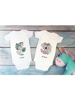 Tuğba Baby Özel Tasarım Lisanslı Sevimli Filamingo Koala Ikili Bebek Body Beyaz 2'li Bebek Badi Zıbın
