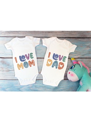 Tuğba Baby Özel Tasarım I Love Mom I Love Dad Anne Baba Ikili Bebek Body Beyaz Badi Zıbın