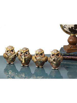 Elifeshop Lüks Işlemeli Müzisyen Kardeşler 4lü Baykuş Biblo Heykel Ev Ofis Yeni Yıl Hediyesi Dekor Vitrin Süsü