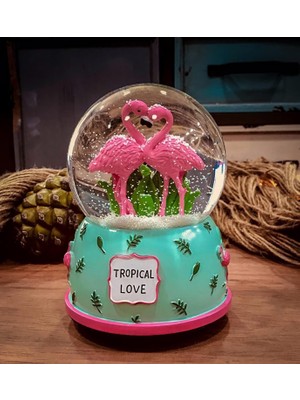 Elifeshop Tropical Love Aşık Flamingo Temalı Kar Küresi Hediyelik Dekoratif Ürün Konsol Vitrin Ofis Süsü Biblo