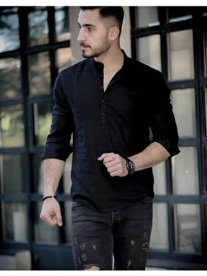 Moda Fine Erkek Siyah Hakim Yaka Keten Slim Fit Gömlek