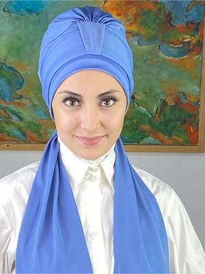 Butik Ambar Hürrem Model Tek Biritli Atkılı Taşlı Mavi Bone