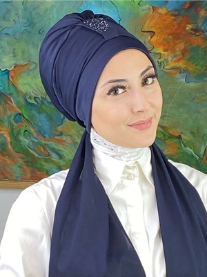 Butik Ambar Hürrem Model Tek Biritli Atkılı Taşlı Lacivert Bone
