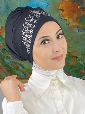Butik Ambar Prenses Model Gümüş Taşlı Siyah Bone
