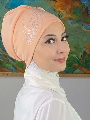 Butik Ambar Ihtişamlı Model Gümüş Taşlı Açık Somon Bone