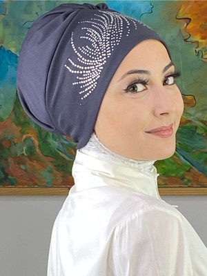 Butik Ambar Ihtişamlı Model Gümüş Taşlı Antrasit Bone