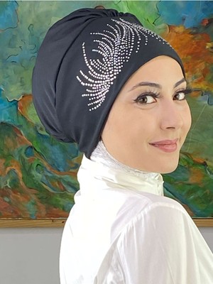Butik Ambar Ihtişamlı Model Gümüş Taşlı Siyah Bone
