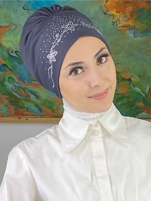 Butik Ambar Çiçek Model Gümüş Antrasit Taşlı Bone