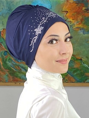 Butik Ambar Çiçek Model Gümüş Lacivert Taşlı Bone