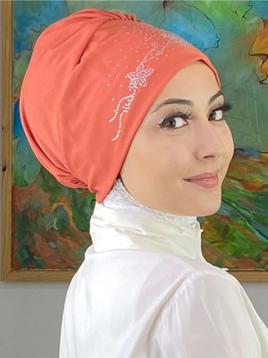 Butik Ambar Çiçek Model Gümüş Turuncu Taşlı Bone