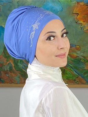 Butik Ambar Çiçek Model Gümüş Mavi Taşlı Bone