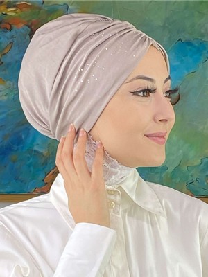 Butik Ambar Sultan Model Taşlı Taş Rengi Büzgülü Bone