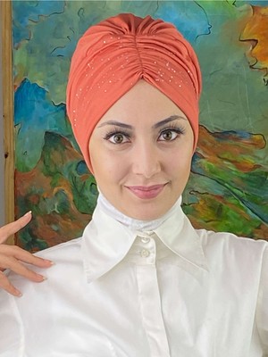 Butik Ambar Sultan Model Taşlı Turuncu Büzgülü Bone