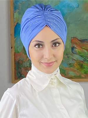 Butik Ambar Sultan Model Taşlı Mavi Büzgülü Bone