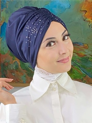Butik Ambar Sultan Model Taşlı Lacivert Büzgülü Bone