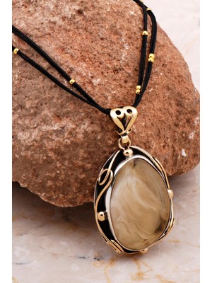 Sümer Telkari Kehribar Taşlı Elişi Tasarım Gümüş Kolye 6747