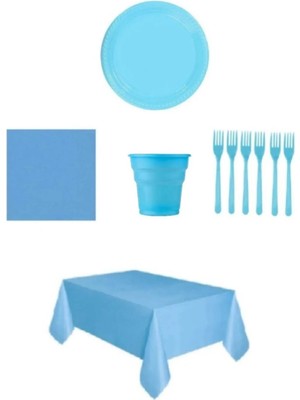 Sultan's Mavi Renk Plastik Tabak, Bardak, Çatal, Peçete ve Tek Kullanımlık Masa Örtüsü Seti