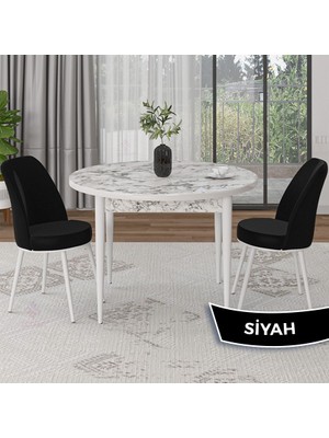 Canisa Concept Tor Serisi Yuvarlak Beyaz Mermer Desen Mutfak Masa Takımı ve 2 Sandalye