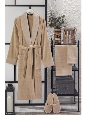 Vevien Home Ansaaj Kadife Jakarlı 4 Parça Bornoz Takımı Bej