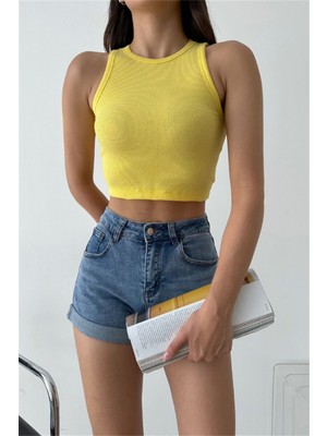 Oshebu Sıfır Kol Kaşkorse Crop Sarı