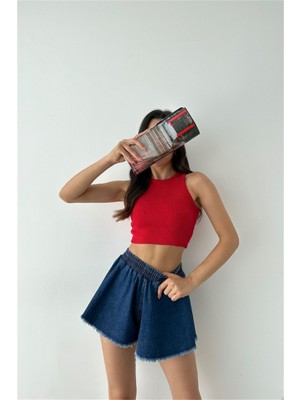 Oshebu Sıfır Kol Kaşkorse Crop Kırmızı