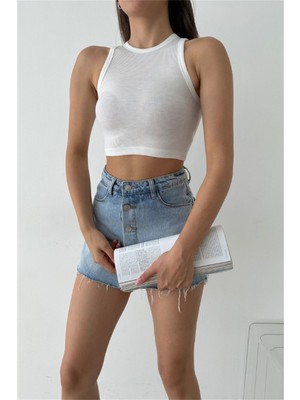 Oshebu Sıfır Kol Kaşkorse Crop Beyaz