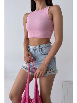 Oshebu Sıfır Kol Kaşkorse Crop Pembe