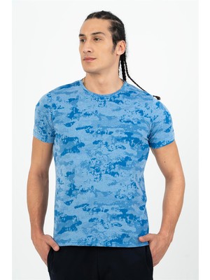 Maraton Regular Erkek Bisiklet Yaka  Sisli Mavi T-shirt